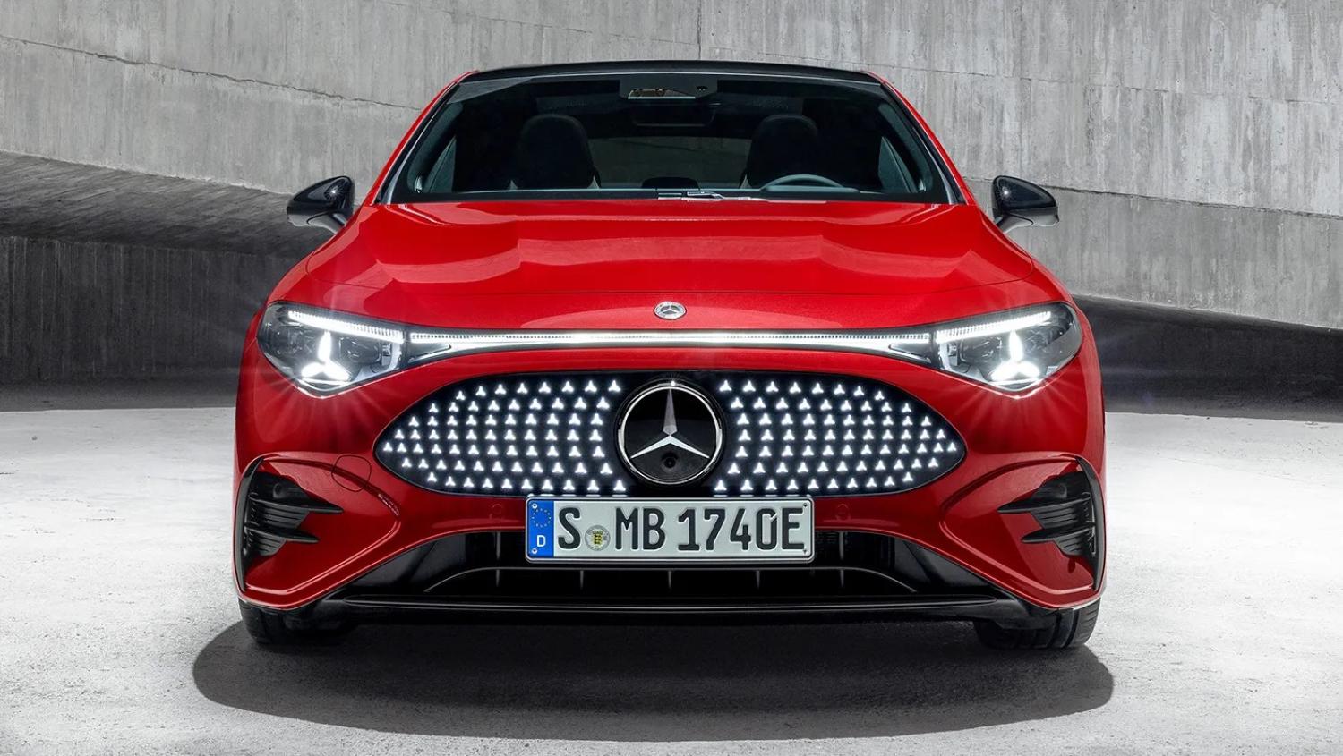 Mercedes-Benz CLA Electric. Illuminated front grille, precision-assembled with laser tech. (credit: Mercedes Benz)